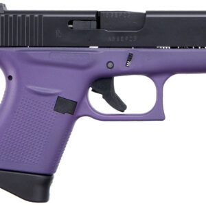 Purple and black semi-automatic handgun on white background