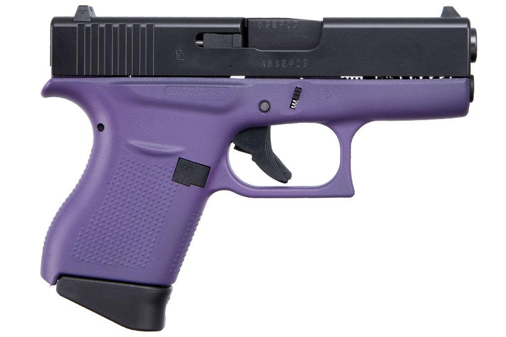 Purple and black semi-automatic handgun on white background