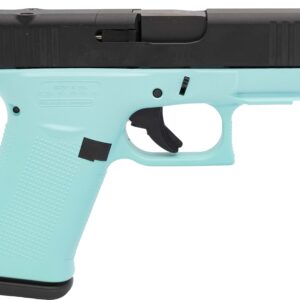 Turquoise and black semi-automatic handgun close-up