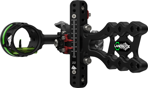 Black adjustable compound bow sight with green accents