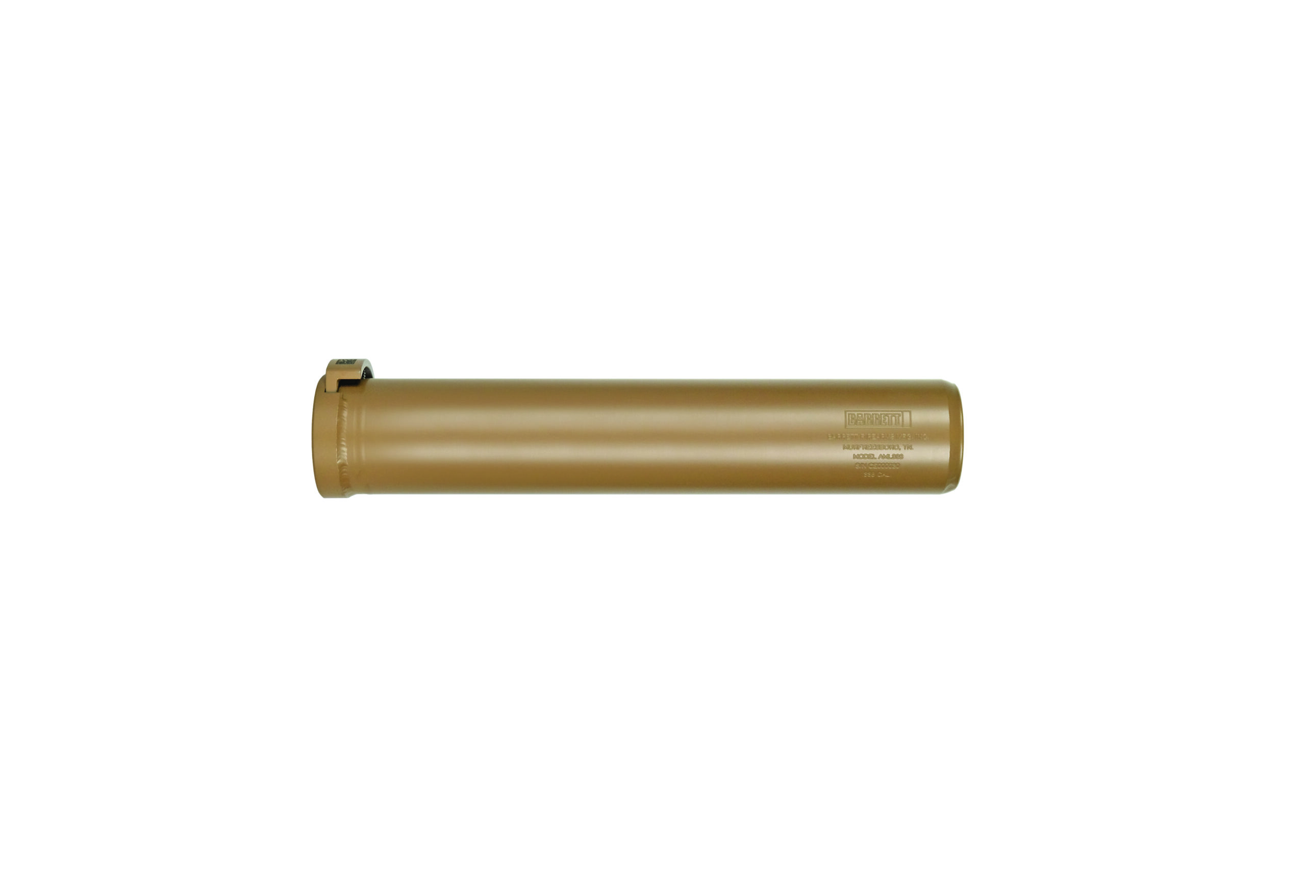Tan rifle suppressor with mounting bracket