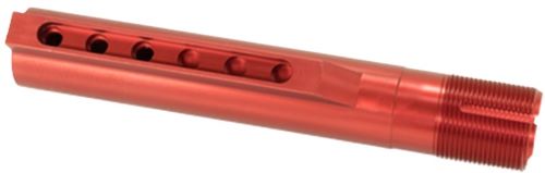 Red anodized threaded metal cylinder with side holes