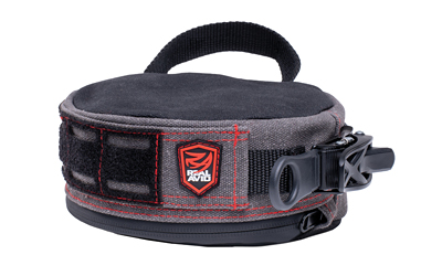 Black padded weightlifting dip belt with red stitching