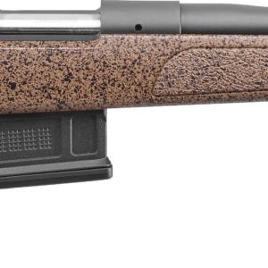 Bolt-action rifle with speckled brown stock