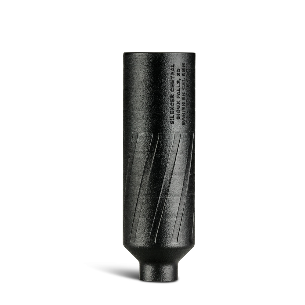 Black cylindrical firearm suppressor on white background