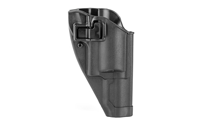 Black polymer handgun holster on white background