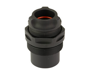 Black plastic cable gland with threaded body
