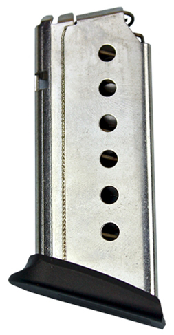 Metal handgun magazine with black baseplate