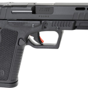 Black semi-automatic handgun isolated on white background