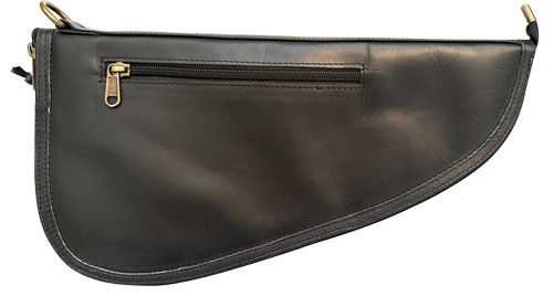 Black leather sling bag with gold zipper