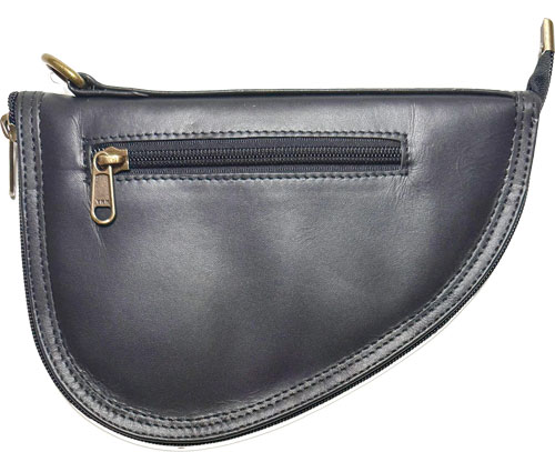 Black leather zippered pouch with curved bottom
