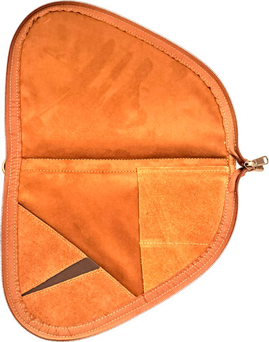 Open orange suede zipper pouch with pockets