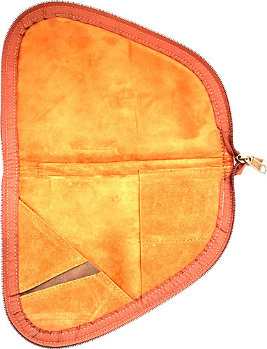 Orange suede zippered pouch with interior pockets