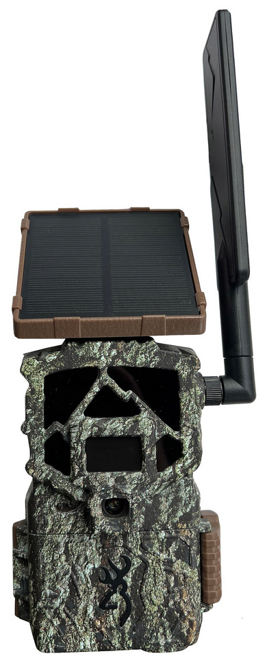 Camouflage trail camera with solar panel and antenna