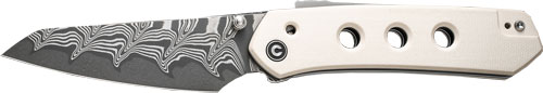 Damascus-pattern folding knife with white handle