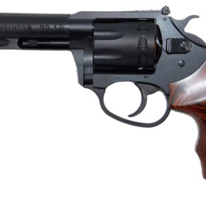 Black revolver with wooden grip on white background