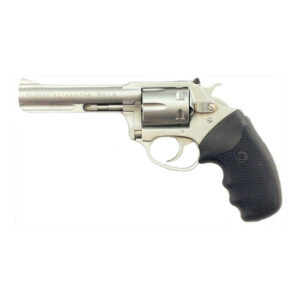 Silver revolver with black grip on white background