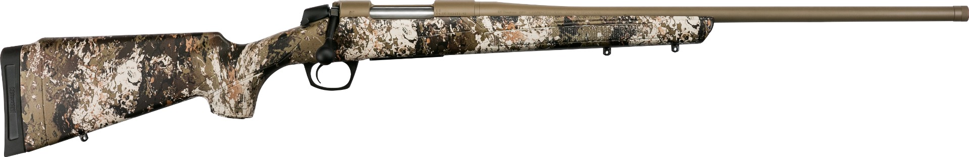 Camouflage bolt-action rifle on white background