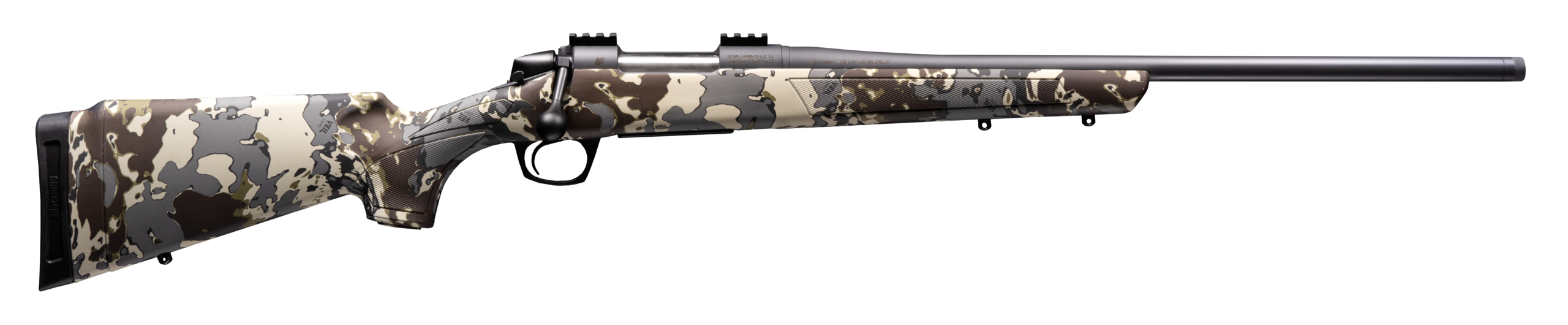 Camouflaged bolt-action rifle on white background