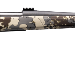 Camouflage bolt-action rifle with long barrel