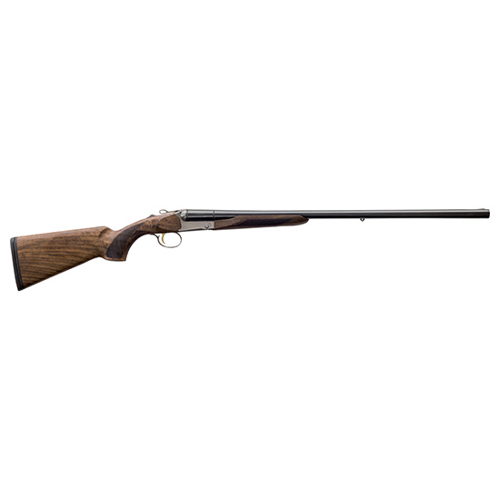 Side view of wooden-stock shotgun on white background
