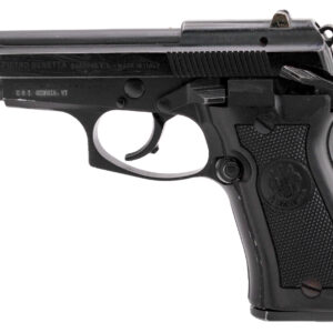 Black semi-automatic handgun on white background