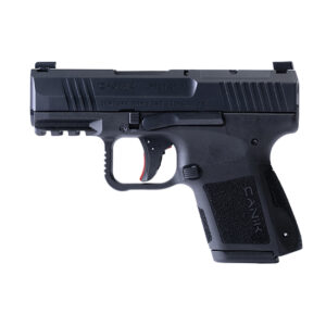 Black semi-automatic handgun on white background