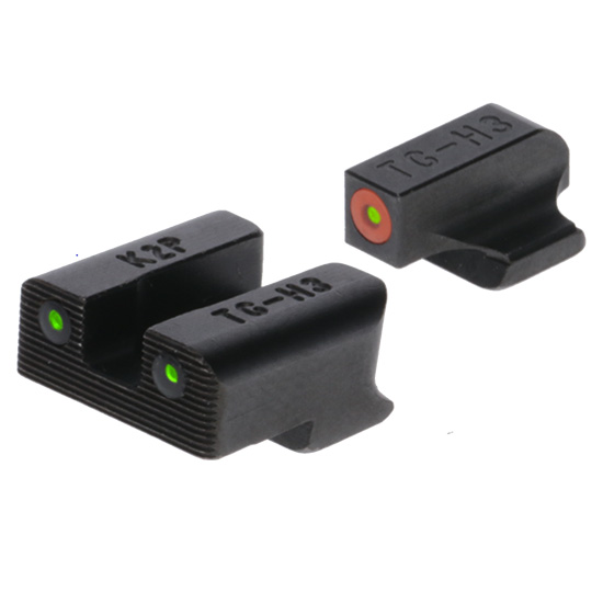 Black firearm sights with green and orange dots