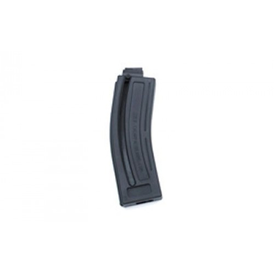 Black curved rifle magazine on white background