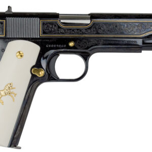 Engraved black 1911-style pistol with ivory grips