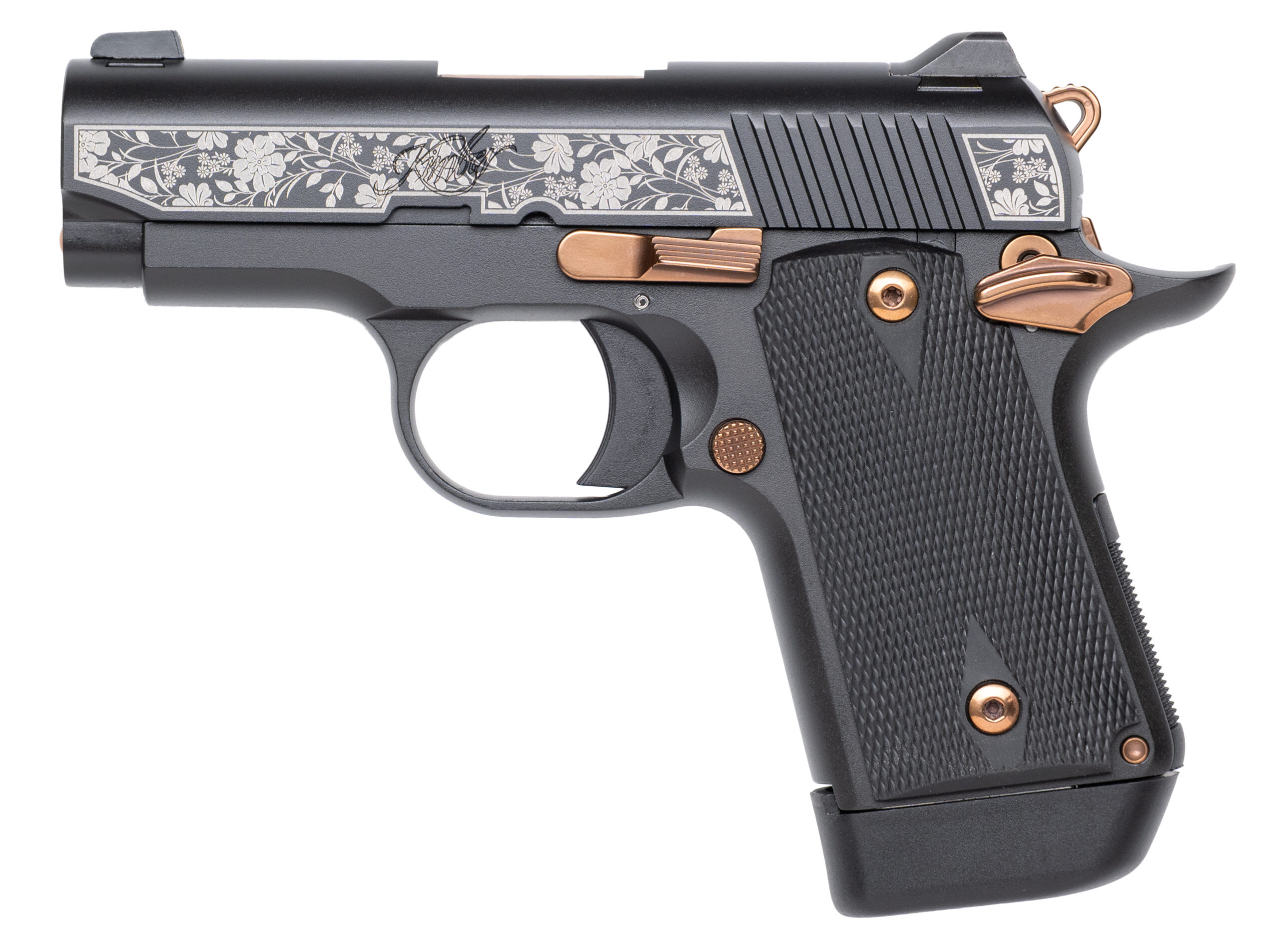 Engraved black and rose gold semi-automatic pistol