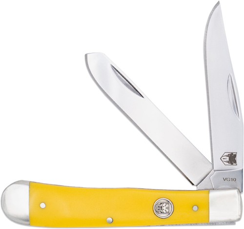 Yellow-handled folding pocket knife with two open blades