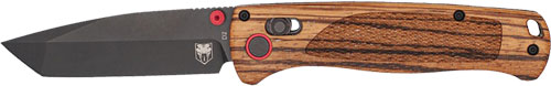 Folding pocket knife with wooden handle and black blade