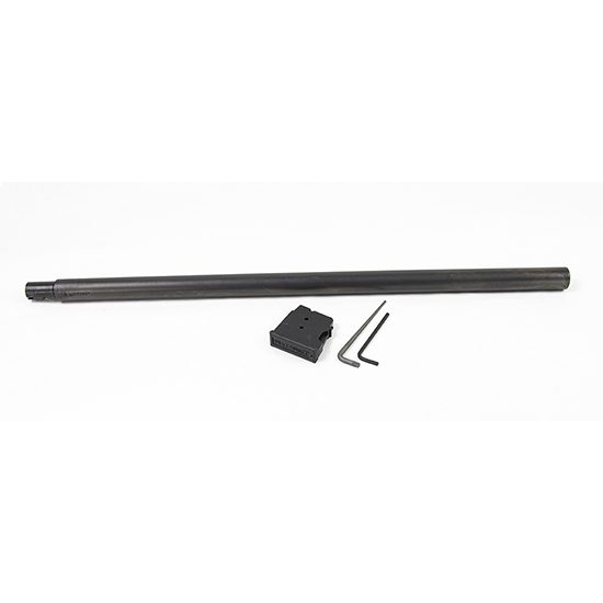 Long metal barrel with mounting block and tools
