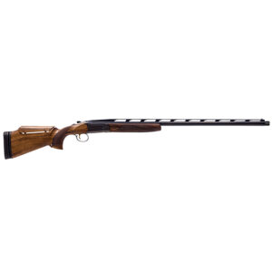 Side view of wooden-stock shotgun on white background