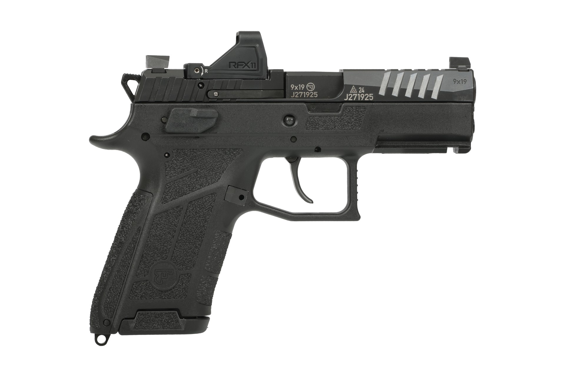 Black semi-automatic pistol with red dot sight