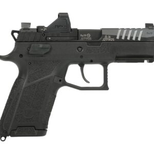 Black semi-automatic pistol with red dot sight