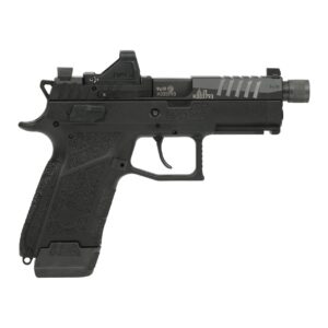Black semi-automatic pistol with red dot sight