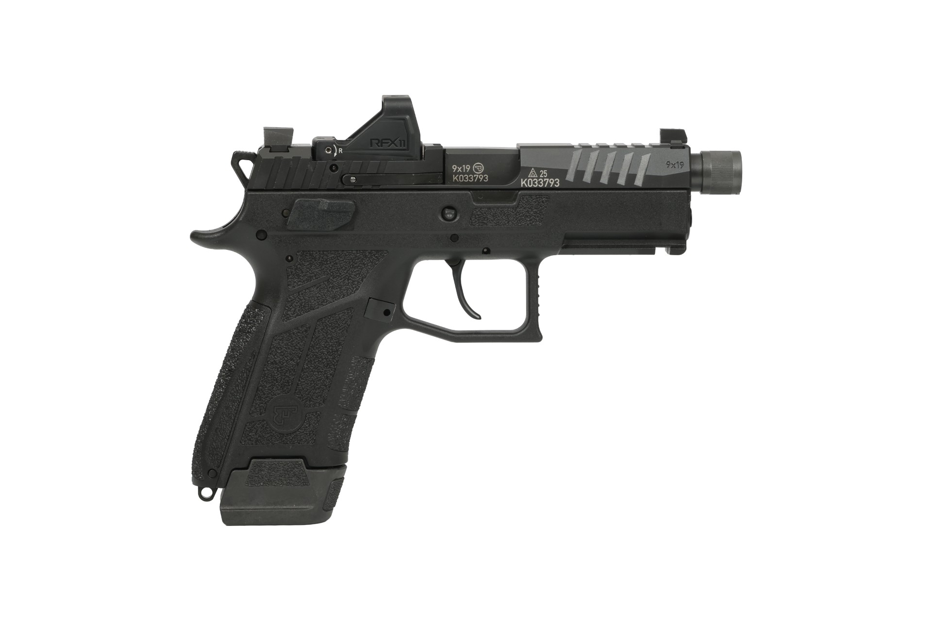 Black semi-automatic pistol with red dot sight