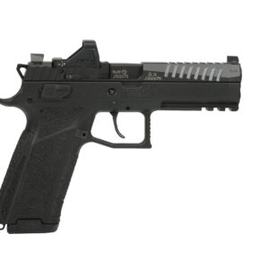 Black semi-automatic pistol with red dot sight
