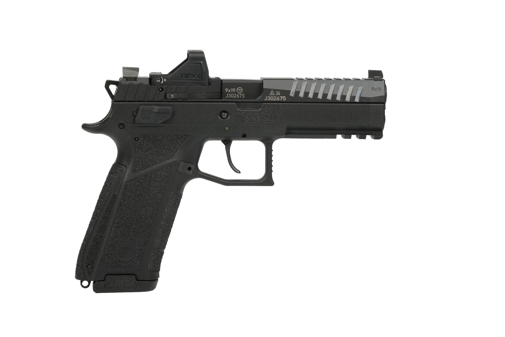 Black semi-automatic pistol with red dot sight