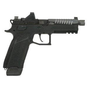 Black semi-automatic pistol with red dot sight