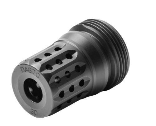 Black threaded muzzle brake with vent holes