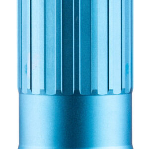 Blue metal firearm suppressor on white background