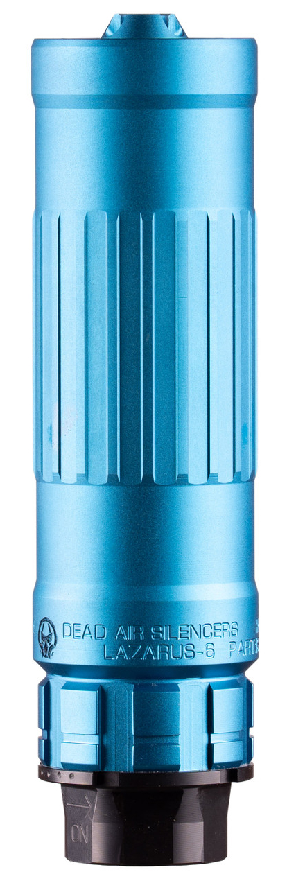 Blue metal firearm suppressor on white background