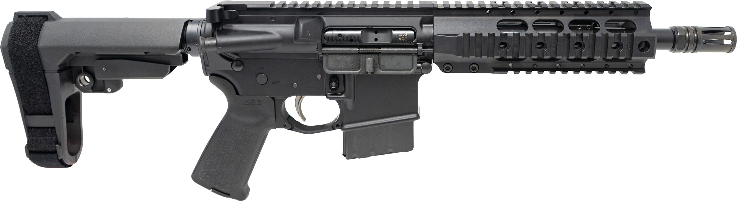 Compact black semi-automatic rifle with brace and rails