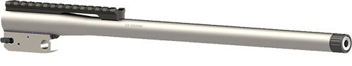 Silver rifle barrel with mounted top rail