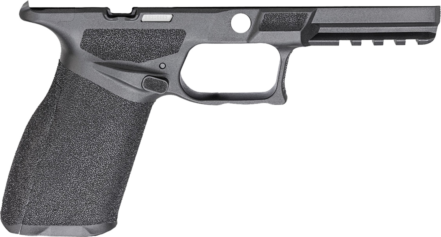 Black polymer handgun frame with textured grip