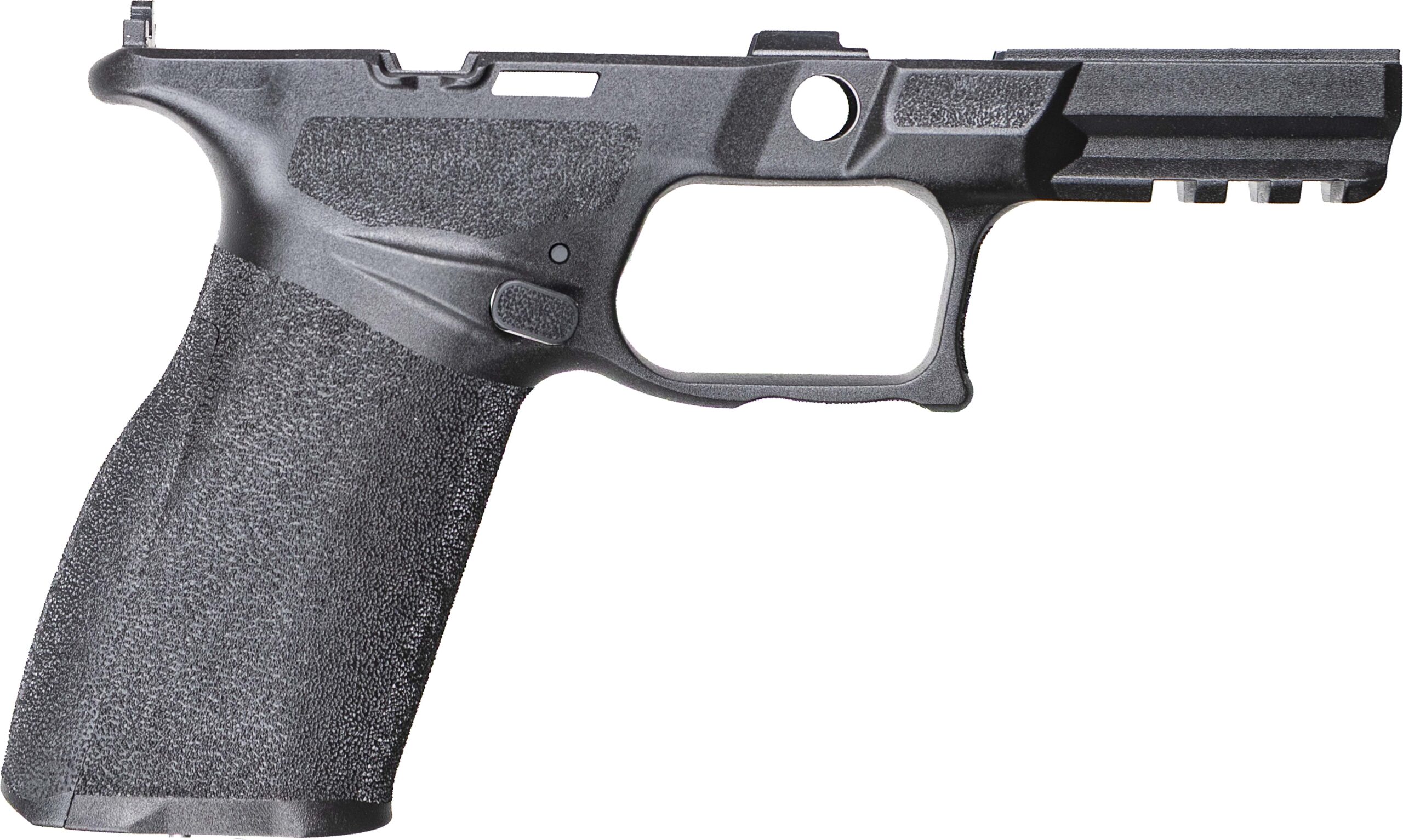 Black polymer pistol frame with textured grip and rail