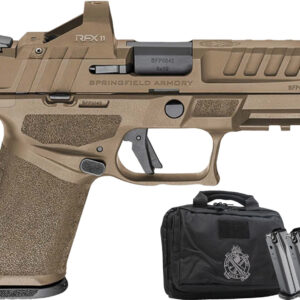 Tan Springfield Armory pistol with optic and magazines